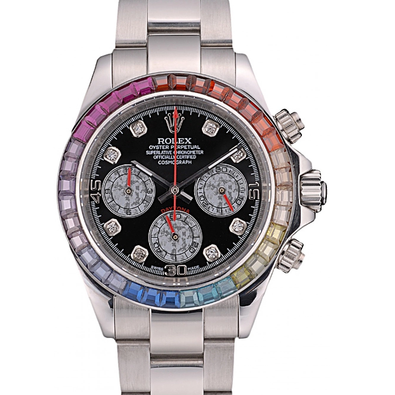 Good Copy Rolex Watches Rainbow Black Daytona Cosmograph Bezel Steep Dial Strap Stainless Crystals Rolex 80250 0726